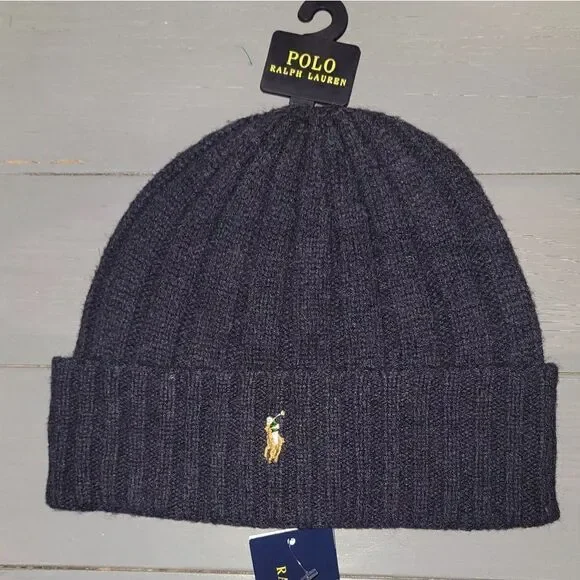 Polo Ralph Lauren Men's Wool Blend Beanie Hat Knit navy blue Embroidered logo - Picture 1 of 8